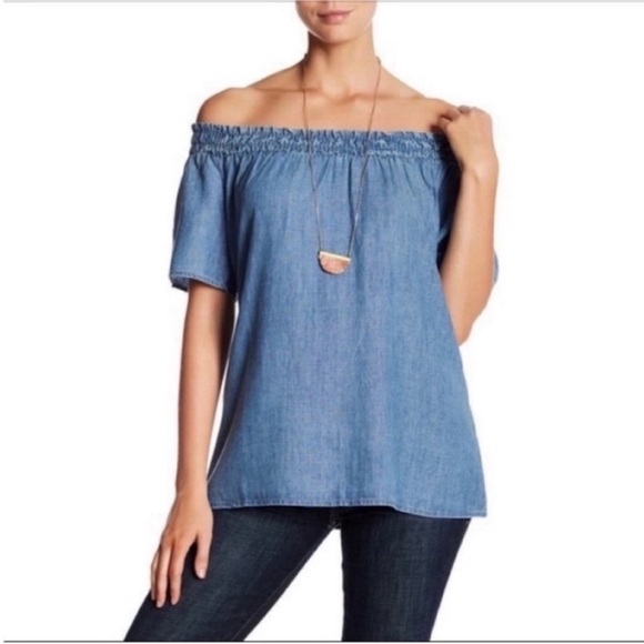 Anthropologie Michael Stars shirt blue chambray off the shoulder ruffle - Picture 1 of 9